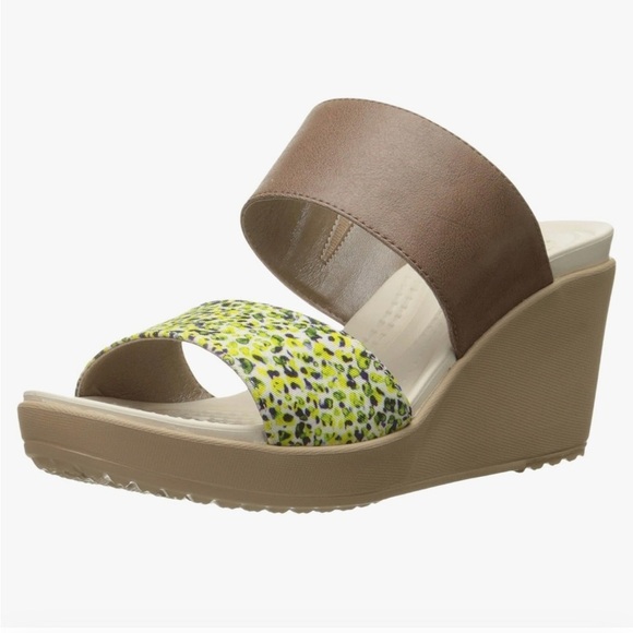 Crocs Leigh II 2 Strap Graphic Wedge Sandal brown taupe green slip on 8 - Picture 1 of 12